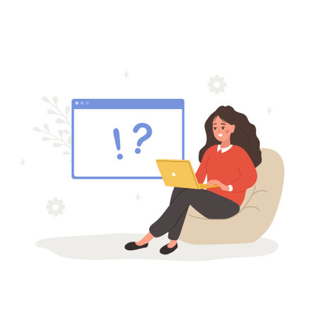 FAQ concept. Woman with laptop search for answers. Customer support and online help service. Frequently asked questions. Vector illustration in flat cartoon styleのイラスト素材