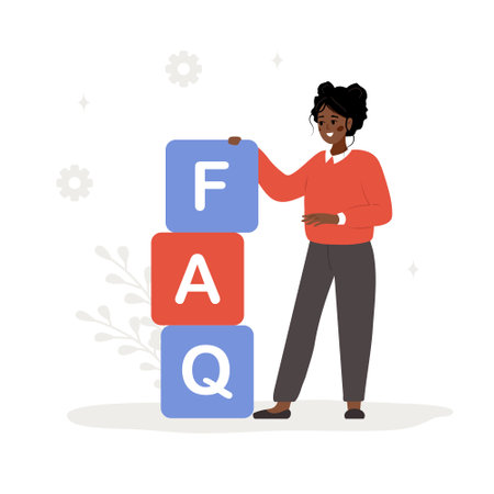 Frequently asked questions concept. African woman with large cubes with letters FAQ. Customer support and online help desk service. Vector illustration in flat cartoon styleのイラスト素材