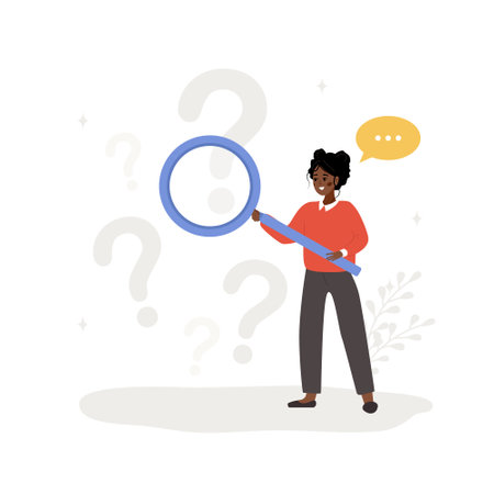 FAQ concept. African woman with magnifying glass search for answers. Customer support and online help service. Frequently asked questions. Vector illustration in flat cartoon styleのイラスト素材