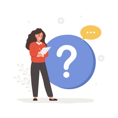 FAQ concept. Woman with question mark search for answers. Customer support and online help service....