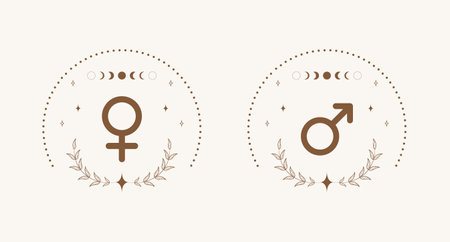 Female and male symbols in boho style. Gender icons with stars and moon. Vector illustration isolated on beige backgroundのイラスト素材
