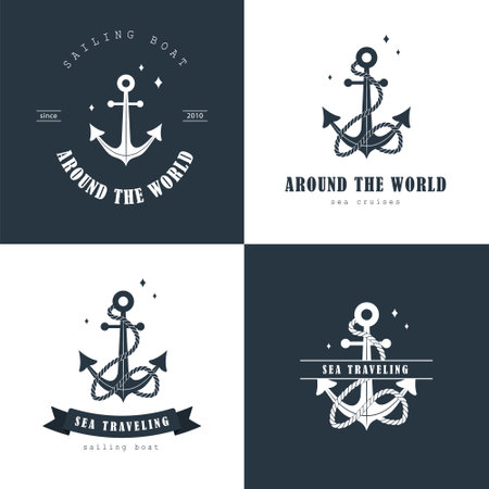 Set of sea traveling logos. Vintage stamps with anchor icons. Maritime cruise. Nautical badges collection. Vector templates for ocean voyages on black and white backgroundsのイラスト素材