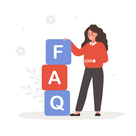 Frequently asked questions concept. Woman with large cubes with letters FAQ. Customer support and online help desk service. Vector illustration in flat cartoon styleのイラスト素材