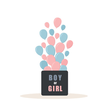 Gender reveal party. This twins. Open surprise gift box with inscription Boy or girl. Blue and pink balloons. Baby shower greeting card. Cartoon vector illustrationのイラスト素材