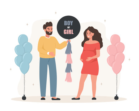 Gender reveal party. Couple holding balloon with inscription Boy or girl. Family dreaming about of her future baby. Pregnant woman hugs her tummy. Baby shower. Vector illustration in cartoon styleのイラスト素材