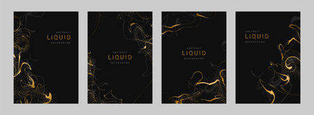 Set of abstract Liquid backgrounds. Fluid art. Elegant cover design. Luxury Marble pattern in gold and black colors. Minimalist vector template for invitation, postcard, brochure, flyerのイラスト素材