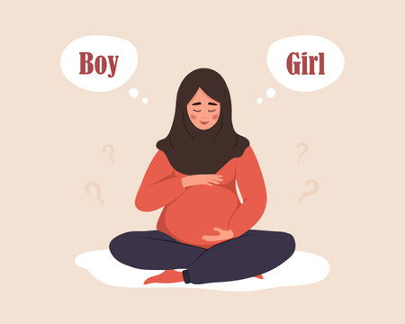 Boy or girl. Pregnant dreaming about of her future baby. Gender of child. Cute arabian woman in lotus position hugs tummy. Female character expecting for baby. Vector illustration in cartoon styleのイラスト素材