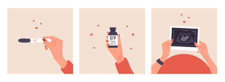 Set of happy pregnancy vector illustration. Female hands holding fetus silhouette photo, positive pregnancy test, vitamin B9. Ultrasound of baby. Belly top view. Flat cartoon styleのイラスト素材