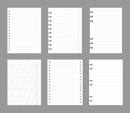 Set of notebook sheets isolated on gray background. Realistic white blanks of lined paper. Different vertical pages from diary. Vector templateのイラスト素材