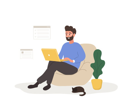 Male entrepreneur. Successful man sits with laptop and solves work issues. Modern office worker or business expert. Vector illustration in flat cartoon styleのイラスト素材