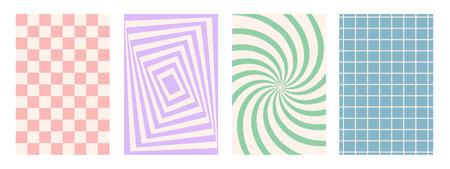 Abstract groovy backgrounds. Hippie vertical backdrops. Y2k aesthetic. Twisted design in pink and purple colors. Retro psychedelic vector illustration. Funky pattern in trendy 70s cartoon styleのイラスト素材