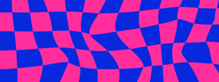Psychedelic Checkerboard. Waves groovy background. Hippie wallpaper in Y2k style. Retro vector...