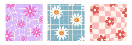 Psychedelic Checkerboard. Groovy hippie 70s backgrounds set. Trippy patterns with daisy flowers....