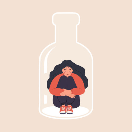 Alcoholism concept. Depressed Woman sitting on bottom of bottle and hugging her knees. Girl with Pernicious Habits Addiction and Substance Abuse. Vector illustration in flat cartoon styleのイラスト素材