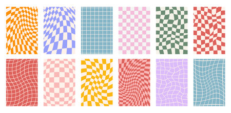 Psychedelic Checkerboard. Groovy hippie 70s backgrounds set. Trippy checkered wallpaper. Retro...