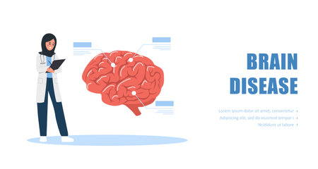 Brain disease concept. Islamic Woman in medical uniform examine huge organ. Neurological therapy. Vector illustration in flat cartoon styleのイラスト素材