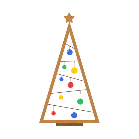Wooden Christmas Tree. New year crafts DIY idea for kids. Simple holiday ornaments. Plastic free concept. Vector illustration in flat cartoon styleのイラスト素材