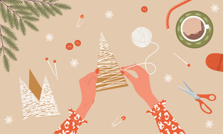 Craft Christmas Tree. Creating Christmas tree from cardboard and jute rope. Top view on workplace. Process of handmade toys. DIY holiday decorations. Vector illustration in flat styleのイラスト素材