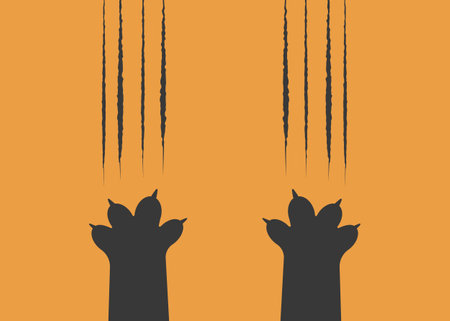 Cat scratch. Pets or wild animal claw marks isolated on orange background. Lion or tiger scratch marks. Print of two cat paws. Wild beast paw marks with sharp fissures texture. Vector illustrationのイラスト素材