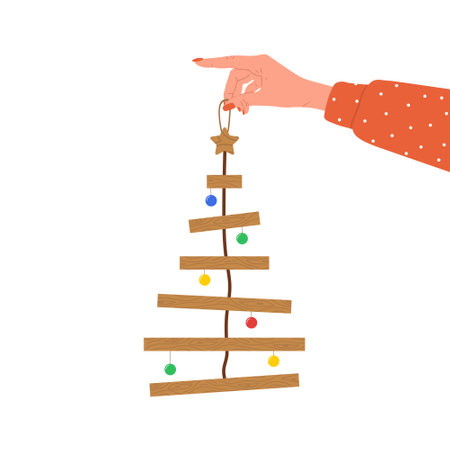 Rustic wooden Christmas Tree. Christmas tree made of wooden shelves. Eco friendly holiday ornaments. Plastic free concept. Vector illustration in flat cartoon styleのイラスト素材