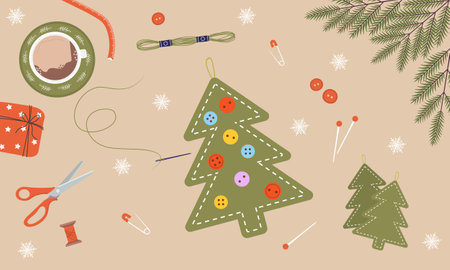 Felt Christmas Tree from fabric, green threads, jute. Top view on workplace. Process of handmade toys. DIY holiday decorations. Vector illustration in flat cartoon styleのイラスト素材