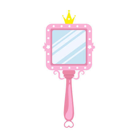Princess mirror. Baby hand mirror with pink square border. Handheld Makeup Frame. Vintage Vector illustration in flat cartoon styleのイラスト素材