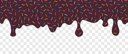 Simple Sprinkle pattern. Chocolate brown wave border with colorful sprinkles. Strawberry ice cream melted on transparent background. Vector Illustrationのイラスト素材