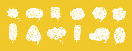 Balloon speech crayons. Kids text boxes Set with Crayon doodles and chalk scribble. White cartoon dialogue boxes on yellow backgroundのイラスト素材