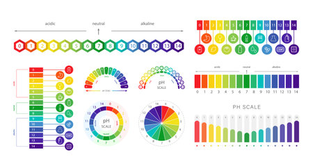 PH Scale. Chart of values and balance level of ph. Infographic on acid-base measurement. Set of Vector illustration in flat styleのイラスト素材
