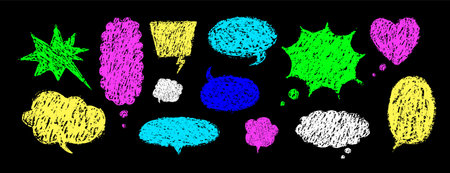 Crayons speech bubbles. Set of crayon comic frames in hand drawn style. Grunge texture. Neon Childish Vector illustration isolated on black backgroundのイラスト素材