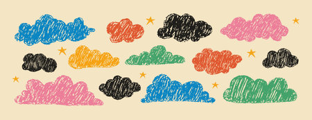 Colorful pencil clouds. Retro sky elements in trendy Y2K style. Funky primitive shapes with crayon. Cartoon kid stickers. Vector doodle elements. Set of naive formsのイラスト素材