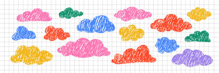 Playful colorful crayon cloud set. Cute cartoon sky elements for baby shower designs or scrapbooking. Vector illustration on checkered notebook sheetのイラスト素材