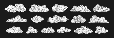 Soft crayon clouds with pastel sky. Playful scribble weather illustrations for nursery or backgrounds. Vector illustrationのイラスト素材