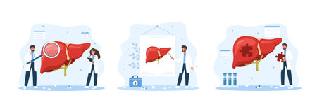 Hepatitis and liver disease set. Medical research and therapy with doctor and patient. Flat cartoon illustrationのイラスト素材