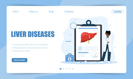 Liver disease concept. Landing page template. Hepatology treatment plan for hepatitis, cirrhosis or hepatic cancer in hospital. Vector illustration in flat cartoon styleのイラスト素材