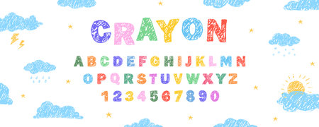 English alphabet crayon. Fun and creative typescript font. Chalk or wax texture. Vector illustrationのイラスト素材