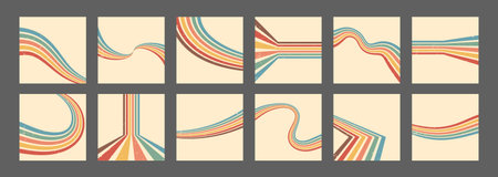 Stripe rainbow groovy. Set of Beige and playful backdrops with geometric arches. Retro wallpaper and...