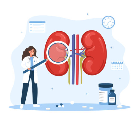 Nephrologist concept. Kidney health. Female doctor with large magnifier examines internal organs. Vector illustration in flat cartoon styleのイラスト素材