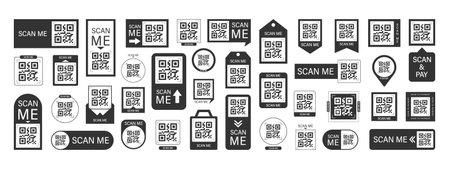 Scan me Frame. Mobile payment sticker template with barcode and QR code for online shop. Scan by phone. Click app button for quick pay. Minimalist Vector illustrationのイラスト素材