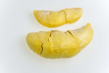 Top view front side of long piece thin fresh yellow color traditional Thai durian sweet fruit by nature product isolated in white background.の写真素材