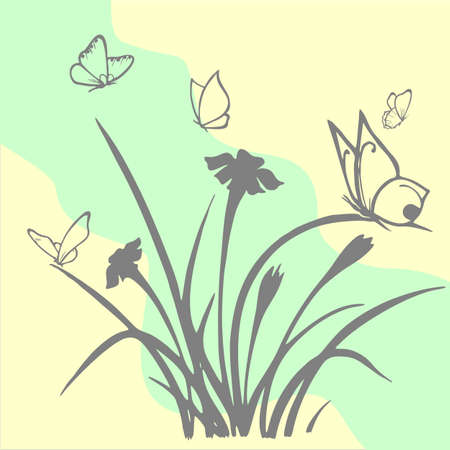 contour drawing of flowers and butterflies on an abstract backgroundのイラスト素材