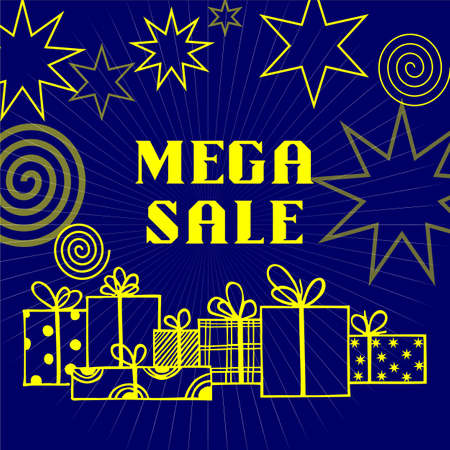 mega sale promotion poster, yellow outline illustration on blue backgroundのイラスト素材