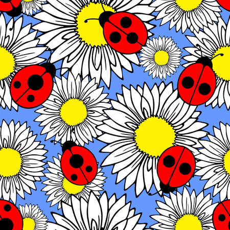 seamless pattern of graphic flowers of daisies and ladybugs on a blue background background, texter, designのイラスト素材