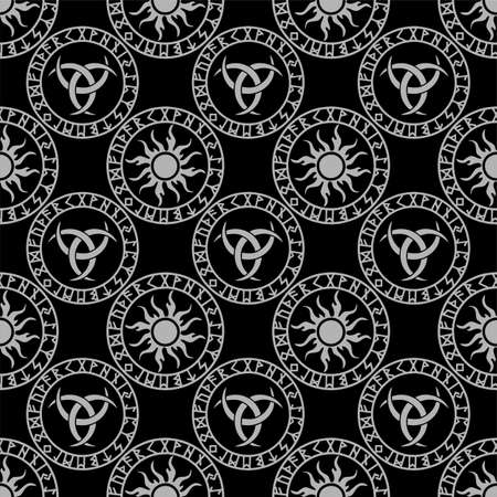 seamless geometric gray ornament of scandinavian symbols in a circle on a black background, texture, designのイラスト素材