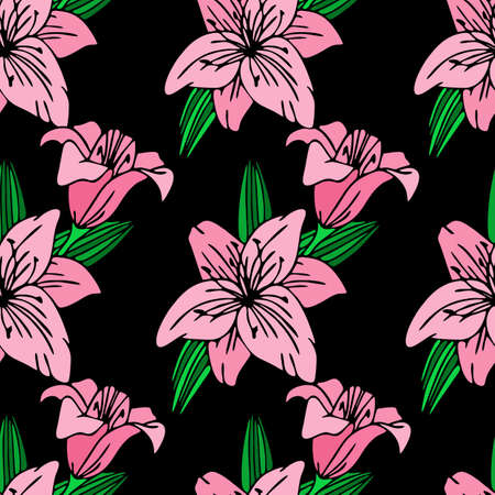 seamless repeating pattern of large pink flowers on a black background, texture, designのイラスト素材