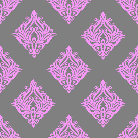 seamless graphic pattern, floral pink ornament tile on gray background, texture, designのイラスト素材