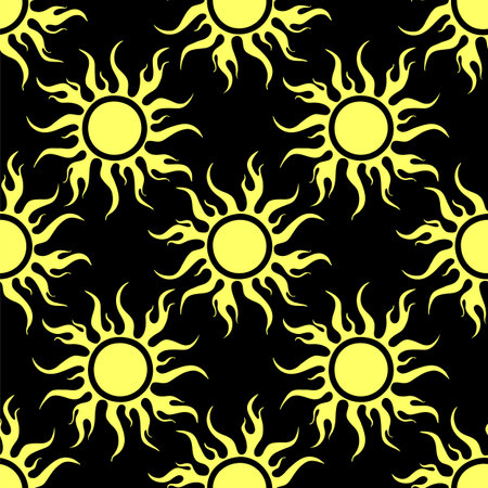 seamless symmetrical graphic pattern of yellow suns on a black background, texture, designのイラスト素材