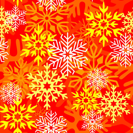 seamless asymmetric pattern of multicolored snowflakes on a red background, texture, designのイラスト素材