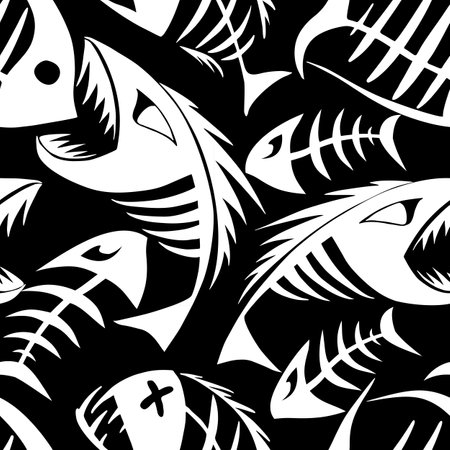 bright seamless pattern of white graphic fish skeletons on a black background, texture, designのイラスト素材