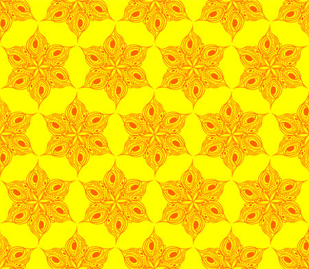 seamless symmetrical pattern of abstract red graphic elements on a yellow background, texture, designのイラスト素材